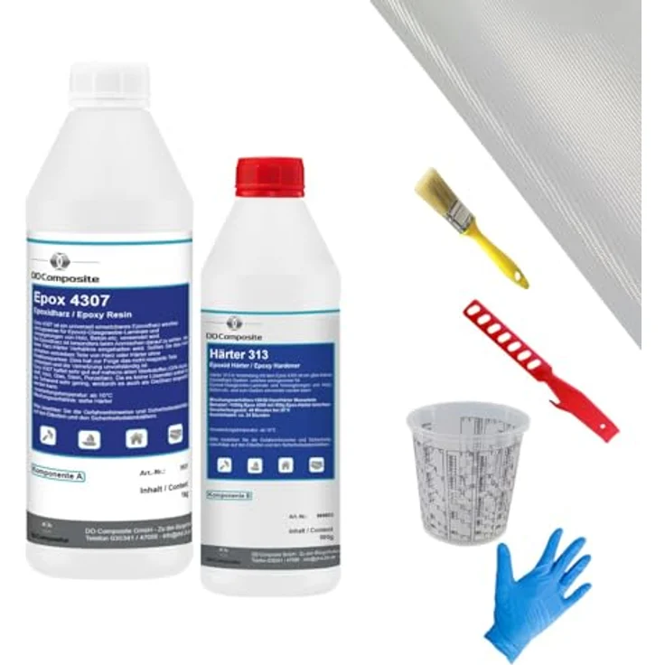 DD Composite Epoxidharz Reparaturset 1,5kg mit 5m² Glasfilamentgewebe, lösemittelfrei, hohe Haftung, für Fahrzeugbau, Modellbau und Kunsthandwerk – Bild 1