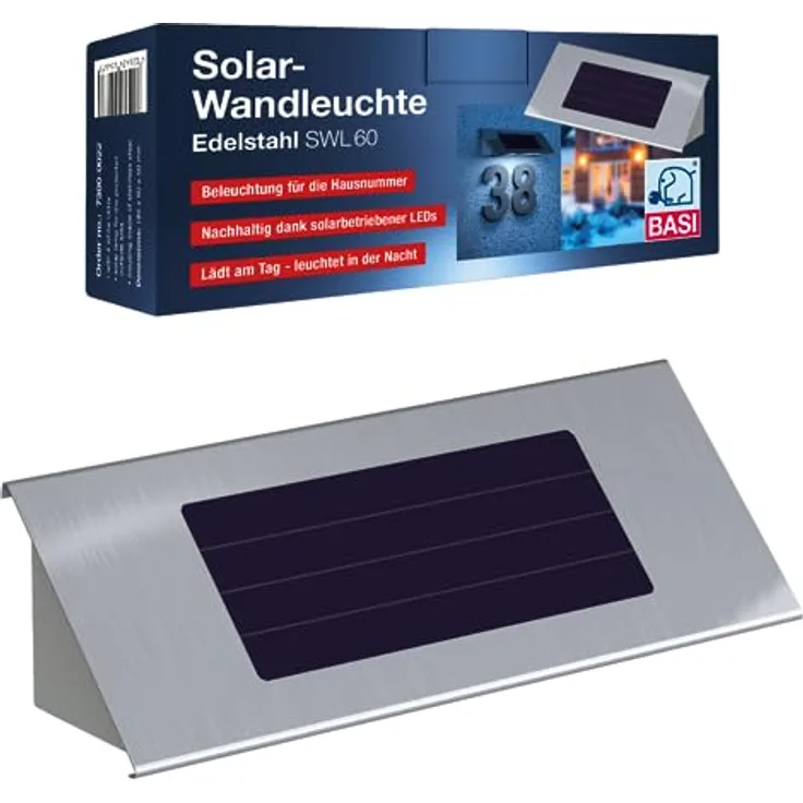 BASI | LED Solar-Wandleuchte aus Edelstahl für Hausnummern | Beleuchtete Hausnummer | Hausnummernleuchte | Nachtleuchte Außenleuchte solarbetrieben inkl. Befestigungsmaterial