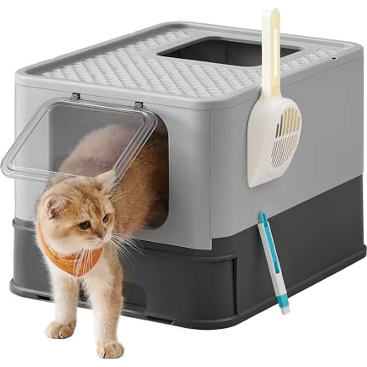 Feandrea Katzenklo, Katzentoilette, mit Deckel, ausziehbares Tablett, Schaufel, Bürste, geräumig für Katzen bis 15 kg, weniger Spuren, auslaufsicherer Boden, anthrazitgrau-Taubengrau PPT001B01 – Bild 1