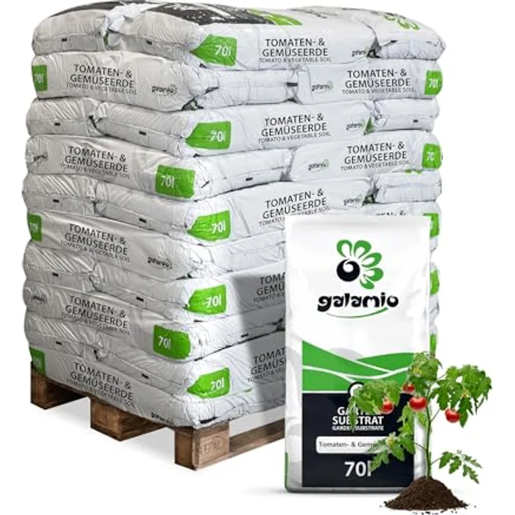 GALAMIO Tomatenerde Gemüseerde Erde Universalerde Blumenerde Pflanzerde Beet Balkon Premium Kultur Substrat 70l x 30 Sack 2.100l / 1 Palette Paligo, Qualitätserde mit Langzeit-Mehrnährstoffdünger, pH-Wert 5,50-6,00, salzgehalt 1,50g/l