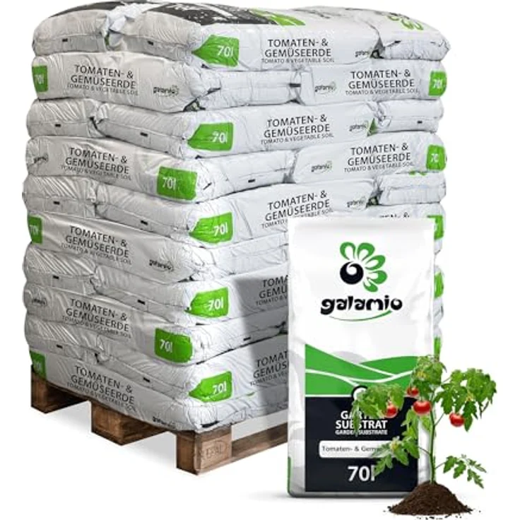 GALAMIO Tomatenerde Gemüseerde Erde Universalerde Blumenerde Pflanzerde Beet Balkon Premium Kultur Substrat 70l x 30 Sack 2.100l / 1 Palette Paligo, Qualitätserde mit Langzeit-Mehrnährstoffdünger, pH-Wert 5,50-6,00, salzgehalt 1,50g/l