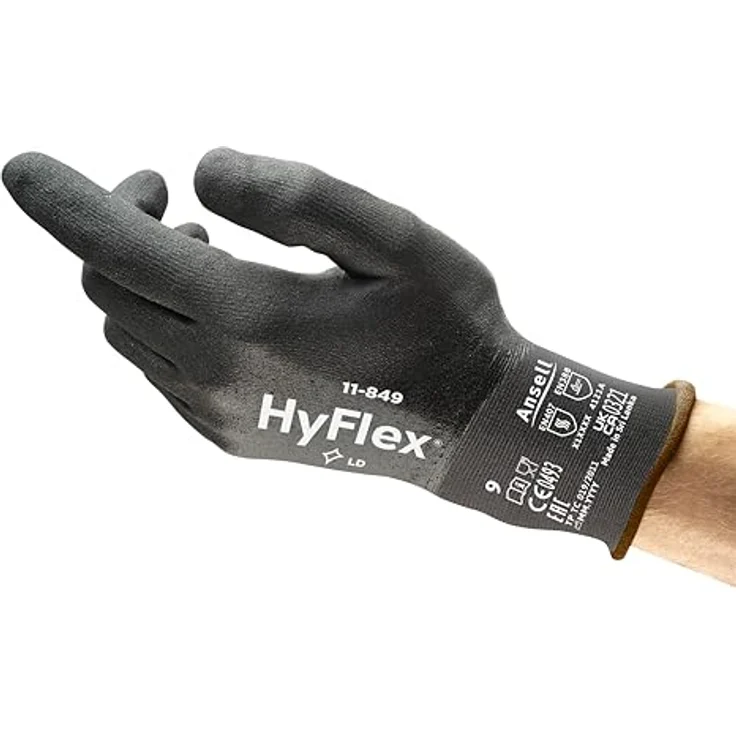 Ansell HyFlex 11-849 Arbeitshandschuhe, Abriebfester Industrie- und Mechanik-Handschuh, Schwarz, Größe L (1 Paar), mit Nitrilschaumbeschichtung für bessere Atmungsaktivität – Bild 1