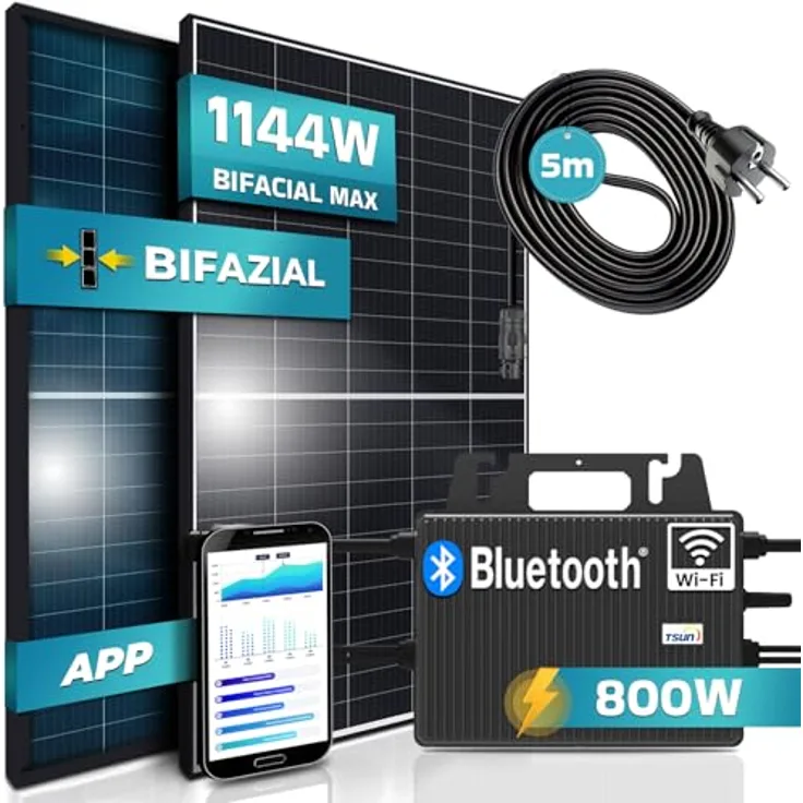 SUNNIVA® Balkonkraftwerk Black Frame BIFACIAL 1144/800W Solaranlage mit 800W TSUN Micro Wechselrichter Wifi Bluetooth, upgradebar drosselbar, 2x440W Bifaziale Solarmodule, 5m Kabel, Photovoltaikanlage