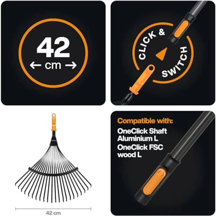Fiskars OneClick Metall-Fächerbesen, Robuster Rasenrechen-Aufsatz mit 42 cm Breite, Schwarz/Orange, zum Entfernen von Moos und Rasenfilz, einfaches Wechseln mit nur einem Klick – Bild 2