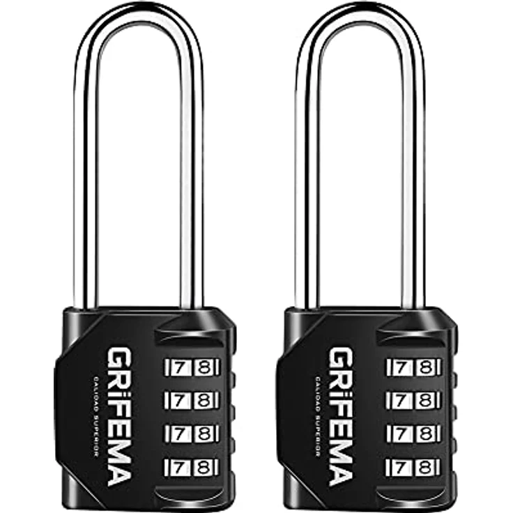 GRIFEMA 2 Pack Zahlenschloss 4 Stellig mit Langer Bügel - Vorhängeschloss Wetterfest Frostsicher, Schloss mit Zahlencode Zinklegierung Robust, Sicher, Schlösser für Spind, Garage, Tor, Schule, Koffer – Bild 1