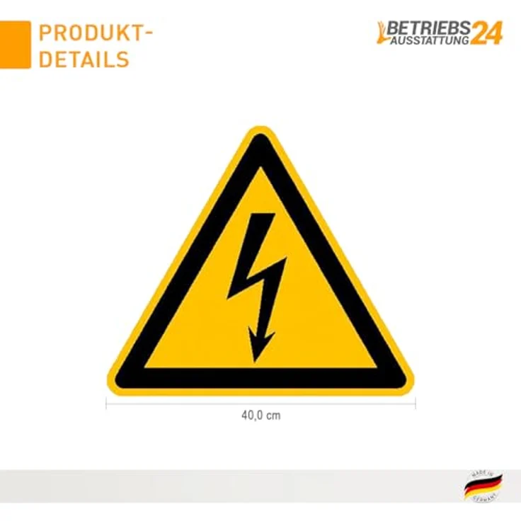 Betriebsausstattung24 Warnschild Warnung vor elektrischer Spannung, geprägtes Aluminium, 40 cm, gelber Hintergrund mit schwarzem Blitzsymbol, made in Germany – Bild 2
