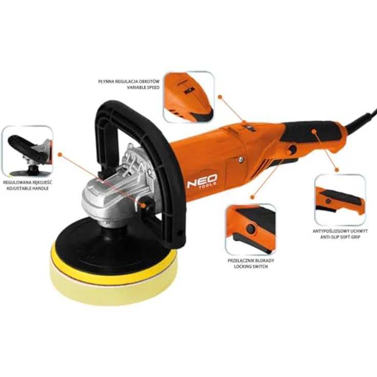NEO TOOLS Poliermaschine 900W, Set mit 150mm Stützteller und Polierpad, 1-6 Gänge 600–3000 U/min, abnehmbarer D-Griff, ideal zum Polieren von Auto, Scheinwerfern und Möbeln – Bild 2