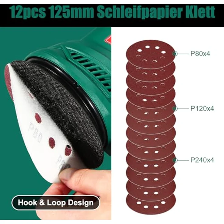 HYCHIKA Exzenterschleifer 300W, Schleifmaschine mit 6 Gängen, 6000-13000 U/min, 12 Schleifpapiere 125mm, Staubabsaugung und Staubfangbehälter – Bild 4