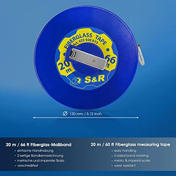 S&R Bandmaß Fiberglas 20m / 66 Ft, Breite 13mm, Rollmeter METER und ZOLL doppel Seiten markiert, Rollmaßband 20 m Maßmeter Kapselbandmass, schlagfestes ABS-Kunststoffgehäuse – Bild 2