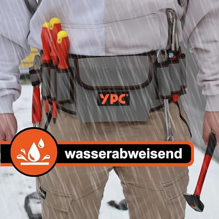 YPC ProBelt – Profi-Werkzeuggürtel mit 7 Steckfächern, großer Nageltasche (17x15x5 cm), Hammerschlaufe, verstellbar, in Khaki, Grau oder Blau – Bild 3