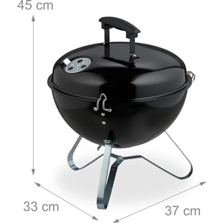 Relaxdays Tragbarer Kugelgrill Ø 37 cm, Schwarz/Silber, Kompakter Holzkohlegrill für bis zu 3 Personen – Bild 4