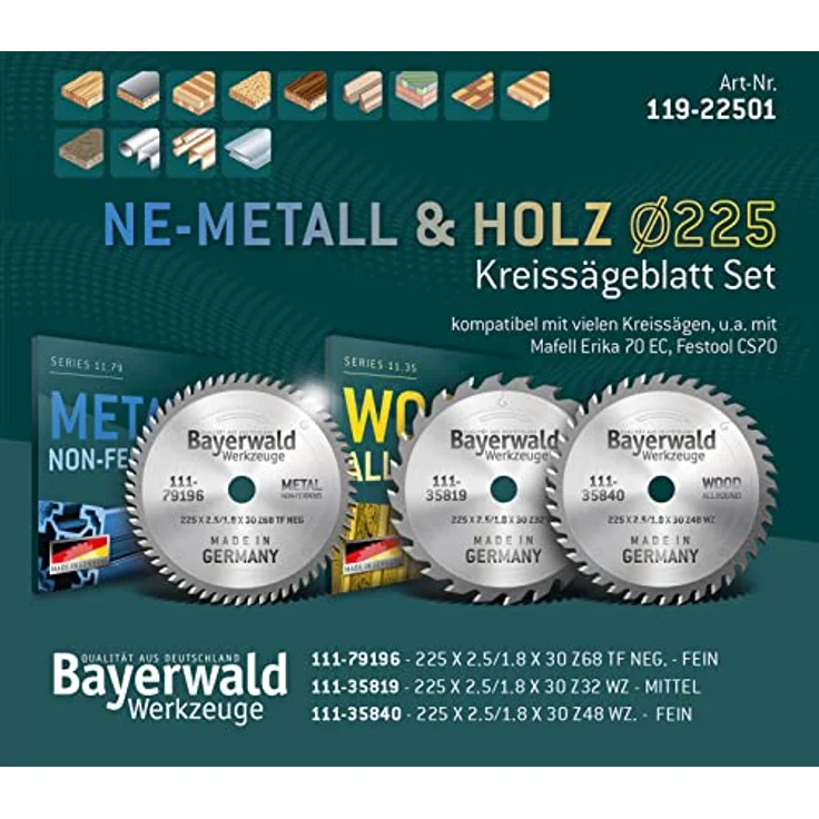 Bayerwald - Kreissägeblatt Set Ø 225 (3 tlg.) - für Holz & NE-Metall - geeignet für Mafell Erika 70 EC, Festool CS70 - HM (Hartmetall) - 225 x 2.5/1.8 x 30 Z32, Z48, Z68 TF - für Holz und Metallbearbeitung – Bild 2