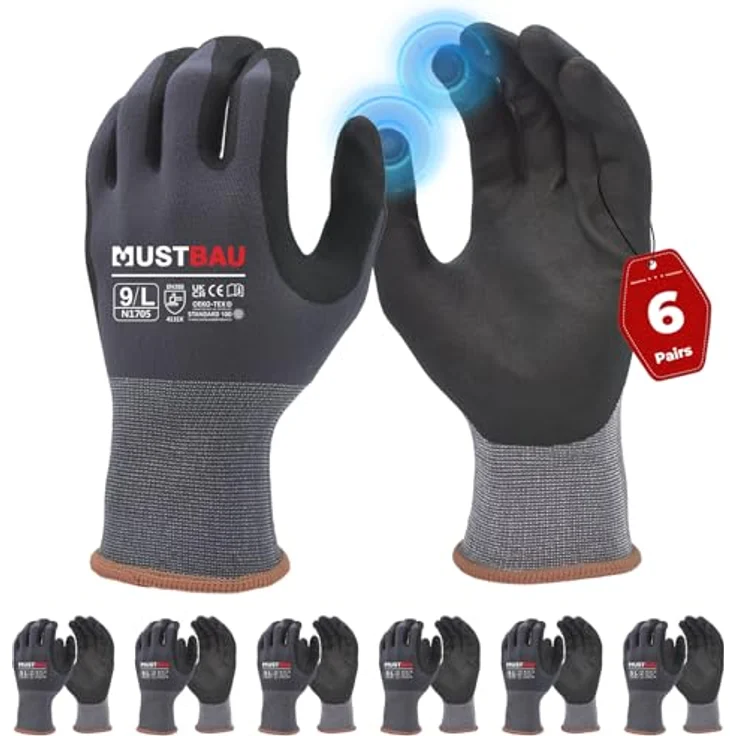 Mustbau Arbeitshandschuhe Schwarz, Touchscreen-fähige Nitril Handschuhe für Mechanik und Gartenarbeit, Gr. L, 6 Paare – Bild 1