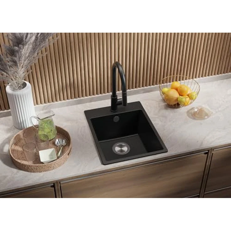 Primagran Spülbecken Anthrazit 38x50cm, Granitspüle 1 Becken + Ablauf-Set, Küchenspüle ab 40er Unterschrank - Riga, hitzebeständig und schlagresistent – Bild 2