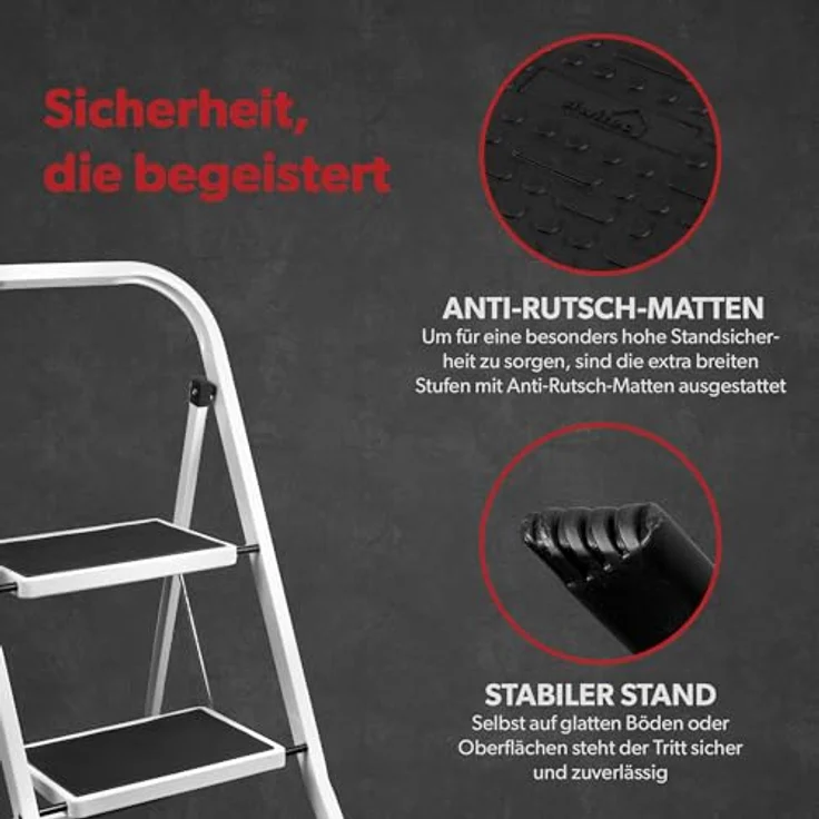 siwitec Klapptritt aus Stahl mit 2 Stufen, Weiss, kleine Leiter mit Anti-Rutschmatten, 150 kg Traglast, TÜV/GS Zertifiziert,Klappleiter, Tritthocker – Bild 4