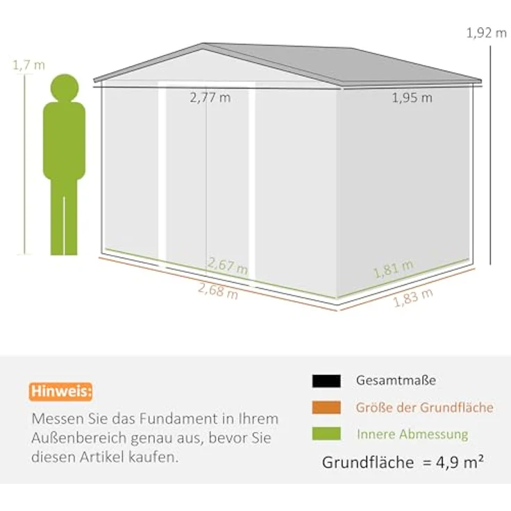 Outsunny Verzinkter Stahl Gerätehaus 4,9m² 277x195x192cm Geräteschuppen mit Satteldach, Fundament, Schiebetür, wetterfest Dunkelgrau – Bild 5