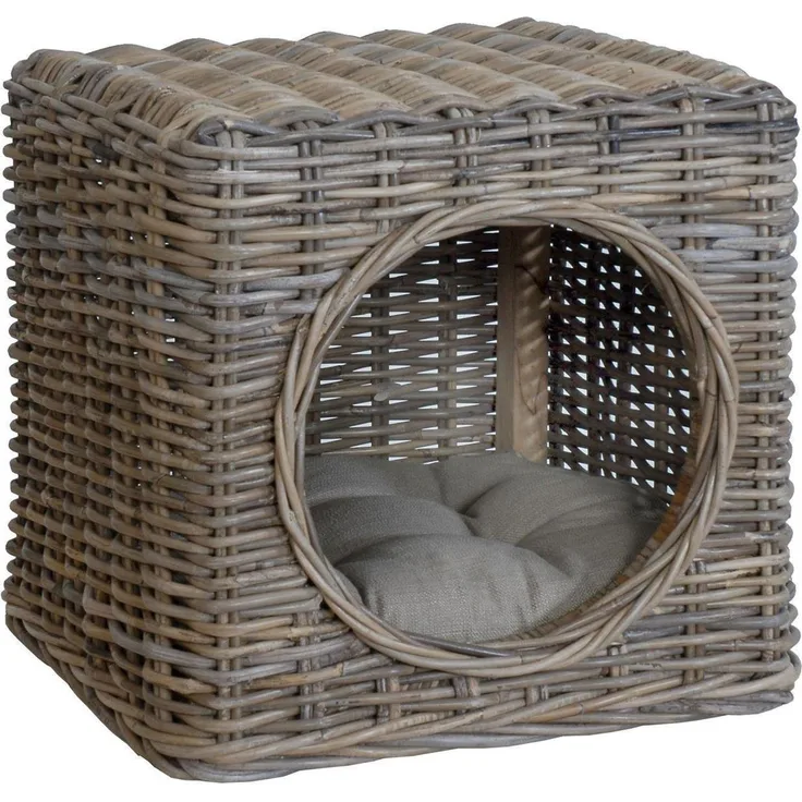 Krines Home Tierkorb Katzenhöhle aus unbehandeltem Rattan inklusive Polster, Kubus, auch als Sitzhocker nutzbar, naturfarben - Preisvergleich