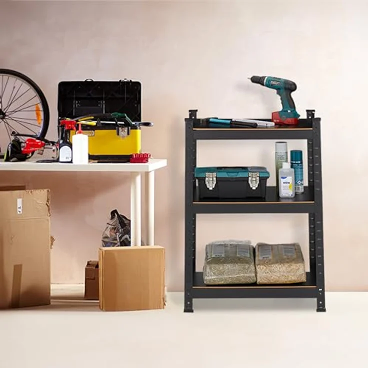 relaxdays Schwerlastregal mit 3 Ebenen, Stahlregal für Keller und Garage, 750 kg Traglast, Schwarz – Bild 2