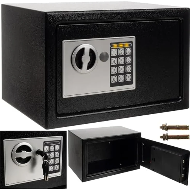 MT MALATEC Heimtresor Tresor Elektronischer Safe mit Zahlenschloss und Schlüsselcode 22627, Schwarz, 10 Liter Kapazität, Wandmontage möglich – Bild 5