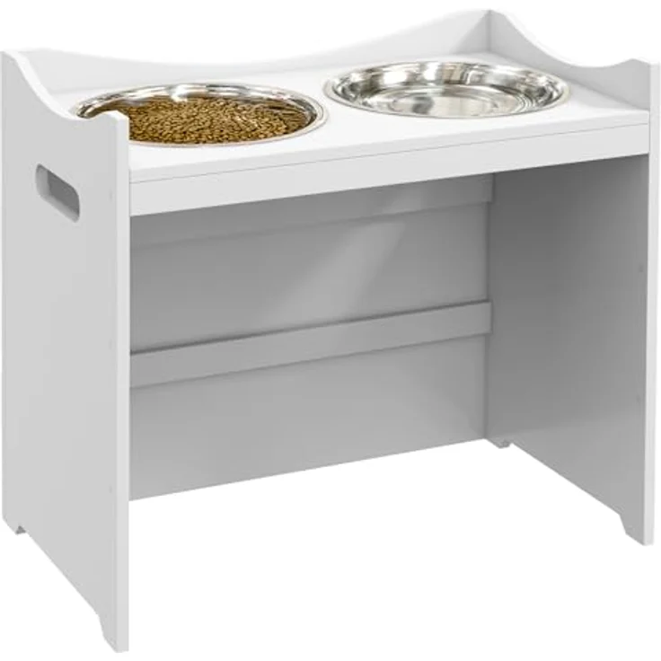 PawHut Futternapf Höhenverstellbar, Erhöhtes Futterstation mit 2L Futterschale aus Edelstahl, mit Futterständer, Griff, Hundebar für alle Hundegrößen, Weiß – Bild 1