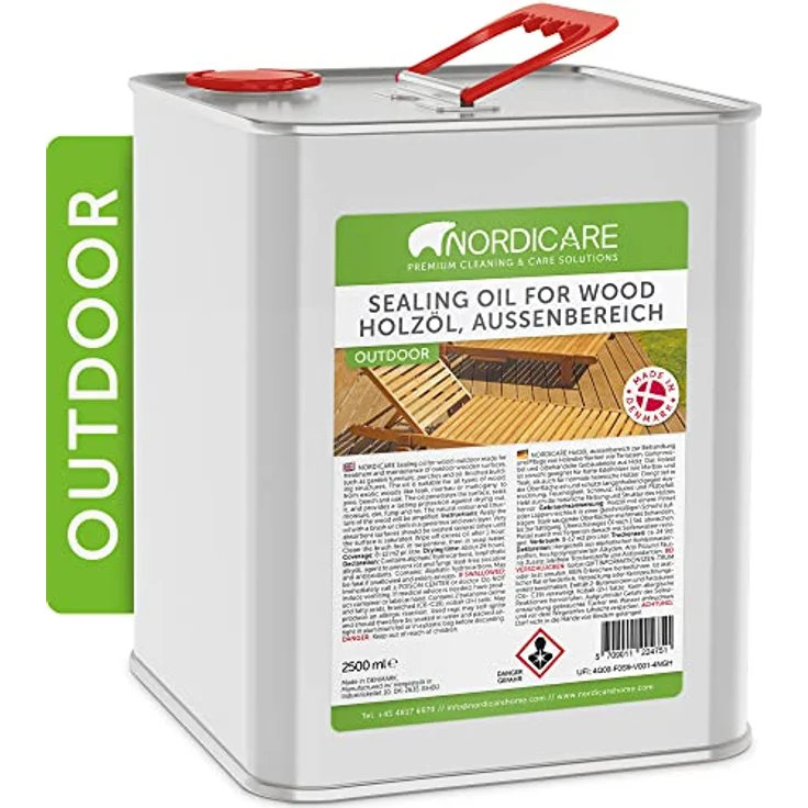 Nordicare Holzöl Außenbereich [2,5L] für Lärche, Eiche, Teak oder Akazienholz, farbloses Holzschutzöl mit UV-Schutz und Abperleffekt für Gartenmöbel und Holzpflege – Bild 1