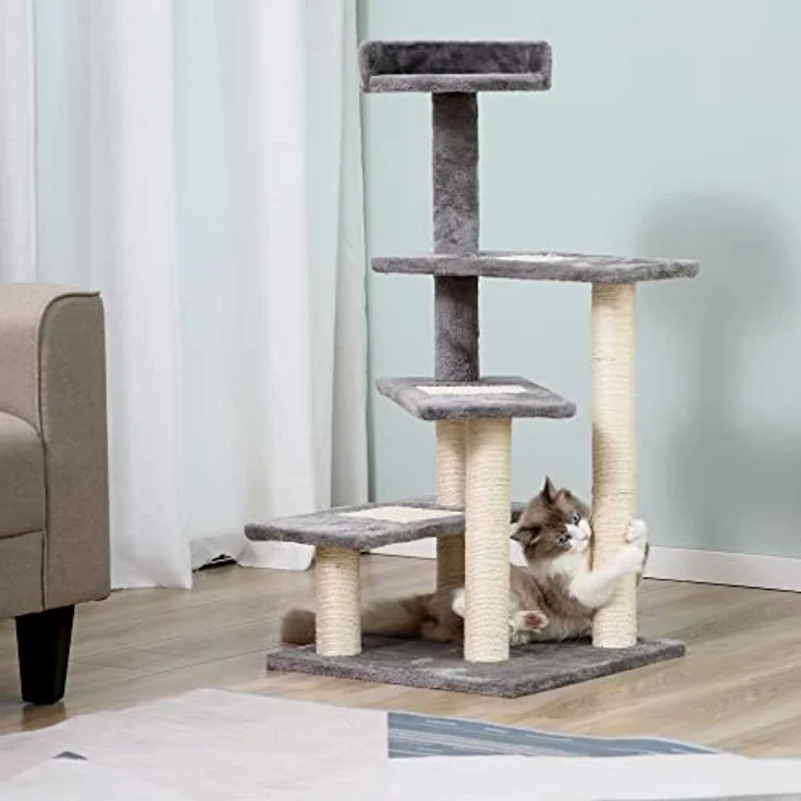 PawHut Kletterbaum Katzenbaum Spielbaum Katzenkratzbaum Treppe 5 Schichte Beige Grau 48 x 48 x 99,5 cm (LxBxH) – Bild 2