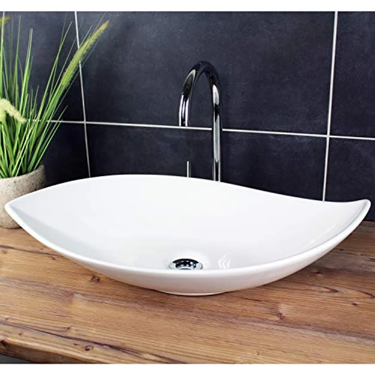 Design Waschbecken Aufsatzwaschbecken 66,5 x 40 cm länglich Weiß Waschschale Modern Keramik – Bild 1