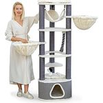 HAPPYPET Großer Kratzbaum Charlie 160 cm hoch - Premium Markenqualität geprüftes Holz, Katzenbaum stabil mit Hängematte für große Katzen, 9 cm Sisalstämme, viele Ebenen für hohen Komfort, Grau-Creme