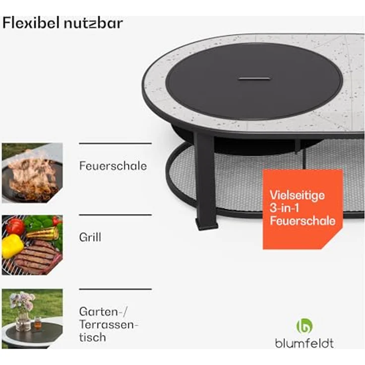 Blumfeldt Merano Circolo L Feuerschale, 3-in-1 mit Grillrost & Terrazzo-Tischplatte, robuster Stahlrahmen, inkl. Funkenschutz & Schürhaken, für Garten & Terrasse – Bild 3
