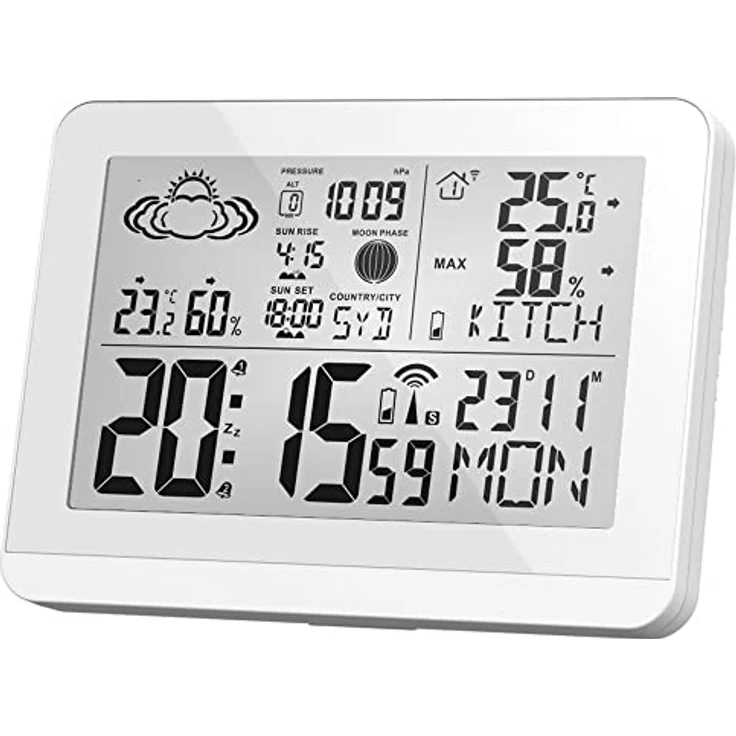 Miraval Funk-Wetterstation mit Aussensensor, Hygrometer, Mondphase, Sonnenaufgang/-untergang, 2 Alarme, Wettervorhersage, weiß – Bild 2