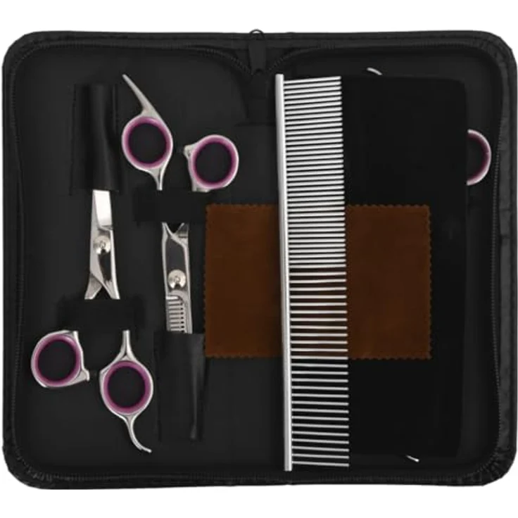 vidaXL Tierhaarentferner 5-tlg. Hundescheren-Set Edelstahl, Professionelles Pflegeset für behaarte Haustiere, Silbern/Rosa/Schwarz – Bild 2