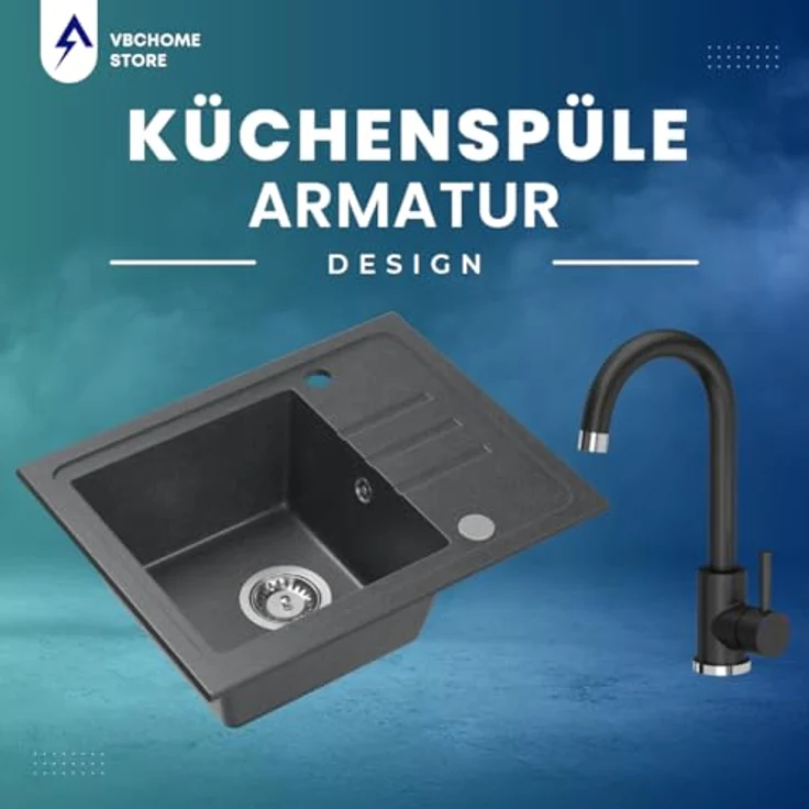 VBChome Granitspüle Schwarz mit Schwarzer Armatur, 55 x 44 cm, Einzelbecken Einbauspüle, Reversibel, Gesprenkelt, Pflegeleichtes Komplettset mit Siphon - Ideal für kleine Küchen – Bild 3