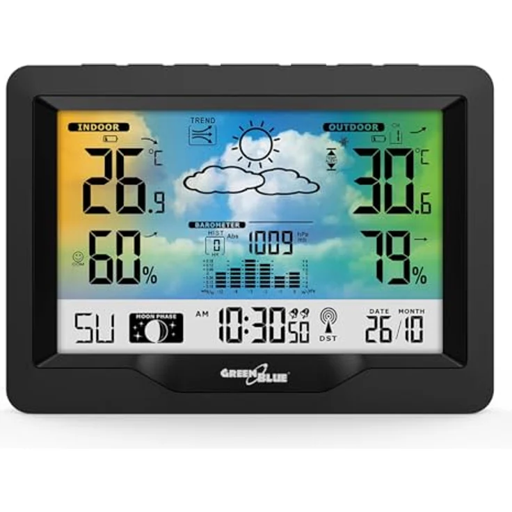 Greenblue GB540N, Funkwetterstation mit DCF, Mondphasen, Barometer, Kalender und kabellosem Aussensensor, schwarz – Bild 4