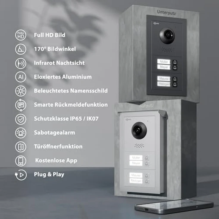 Goliath Intercom Video-Türsprechanlage Basic-Line, 4-Familienhaus mit 7 Zoll HD Monitor, 2-Draht-Technologie, Unterputz/Aufputz, Weiß/Schwarz – Bild 3