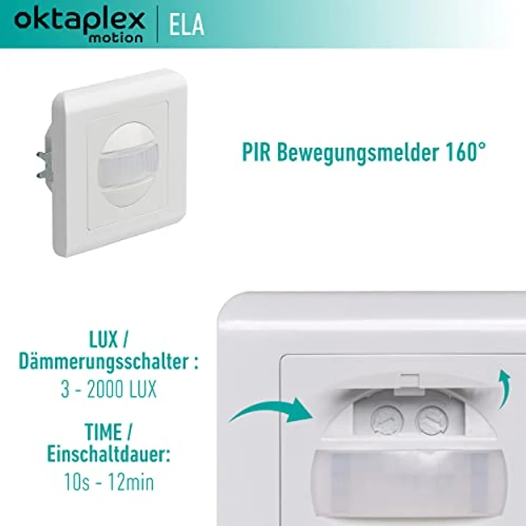 Oktaplex Ela 2er Set Bewegungsmelder Unterputz 160° Infrarot-Sensor 9m Reichweite 230V Hohlwanddose weiß mit Dämmerungssensor – Bild 2