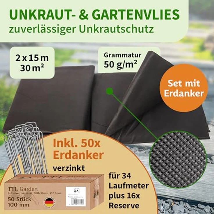 TTL GARDEN Unkrautvlies 50g/m², 30m² (2x15m) schwarz, reißfest, UV-stabil, atmungsaktiv mit 50 verzinkten Erdankern – Bild 2