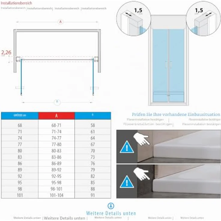 i-flair schwarze Duschtür 74-77 cm, 180 cm hoch, 6 mm Sicherheitsglas, Edelstahlgriffe, rahmenlos, magnetdichtend – Bild 3