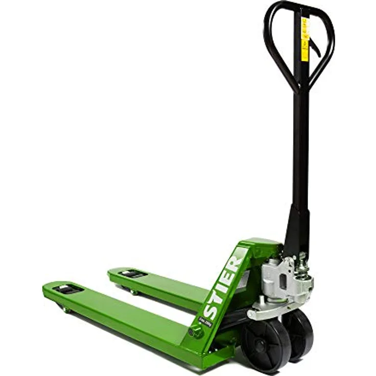 STIER Gabelhubwagen, Handhubwagen mit Tragkraft 2500 kg, Gabellänge 1150 mm, grün, wartungsfrei, Nylon-Rollen, Lenkeinschlag 210°