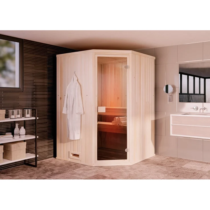 FinnTherm Sauna Innensauna Corner, BxTxH: 244 x 194 x 199 cm, 40 mm, klassisches Design, bronziete Ganzglastür – Bild 1