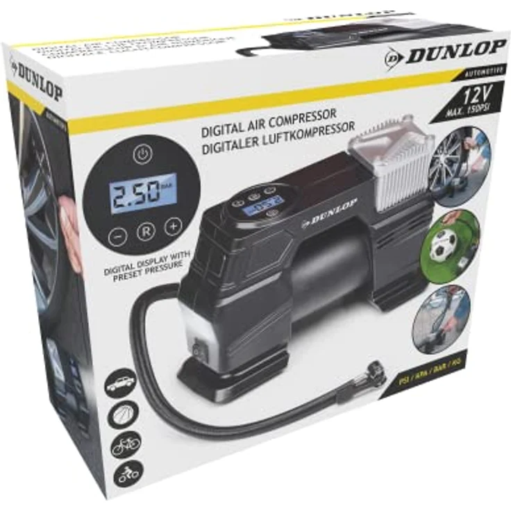 Dunlop Digitaler Luftkompressor - Luftpumpe 150PSI/10Bar - Inkl. 3 Aufsätze - Digitale LED Anzeige - Schwarz – Bild 9