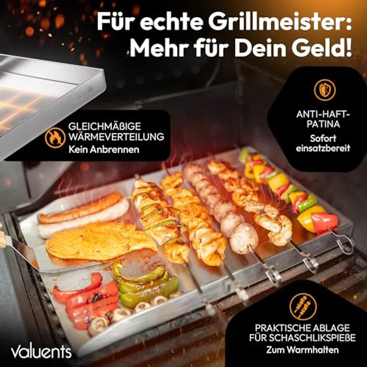 valuents® Grillplatte - Plancha Grill Platte, rostfreier Edelstahl 40 x 30 cm, für BBQ Gasgrill & Kohlegrill geeignet, inklusive Reinigungsbürste & Grillspachtel – Bild 2