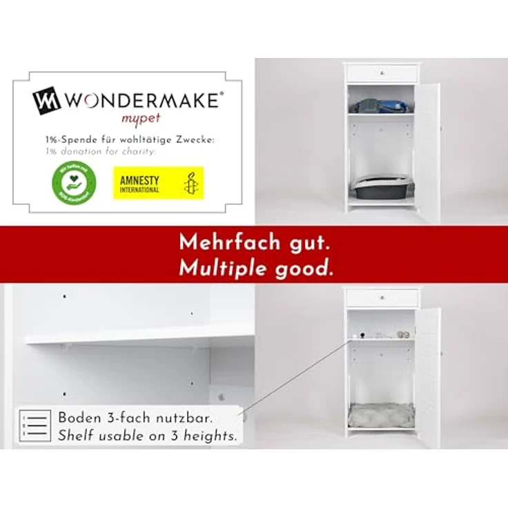WONDERMAKE® Katzenschrank für Katzentoilette groß hoch aus Holz, Katzenklo-Schrank Kommode mit Schublade und Tür geschlossen, Design Katzen-Haus Toilette Klo XL, 51 x 46 x 96 cm, weiß – Bild 2