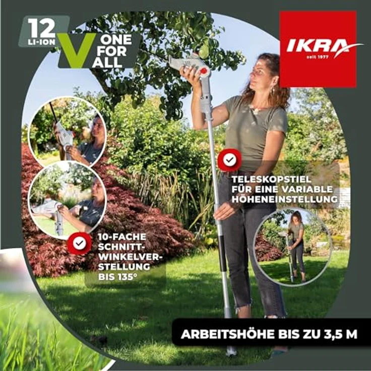 IKRA Akku Teleskop Heckenschere IATHS 1241, kabellos mit 41 cm Schnittlänge, 4-fach verstellbarem Schnittwinkel und Schutzbrille, inkl. 12 V Akku & Ladegerät – Bild 3