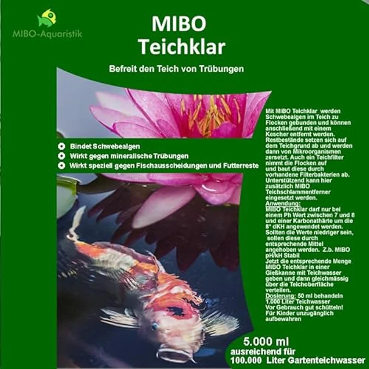 MIBO Teichklar Teichklärer, 5.000 ml für 100.000 Liter, schnelle Wirkung gegen trübes und grünes Gartenteichwasser – Bild 2
