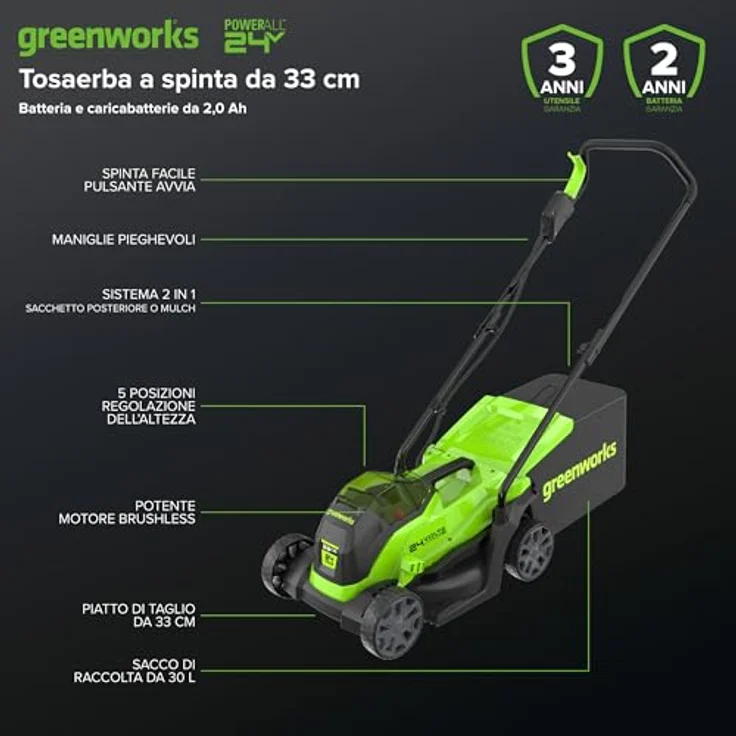 Greenworks GD24LM33, Rasenmäher mit 33 cm Schnittbreite, 30 l Grasfangsack und bürstenlosem Motor, akkubetrieben – Bild 2
