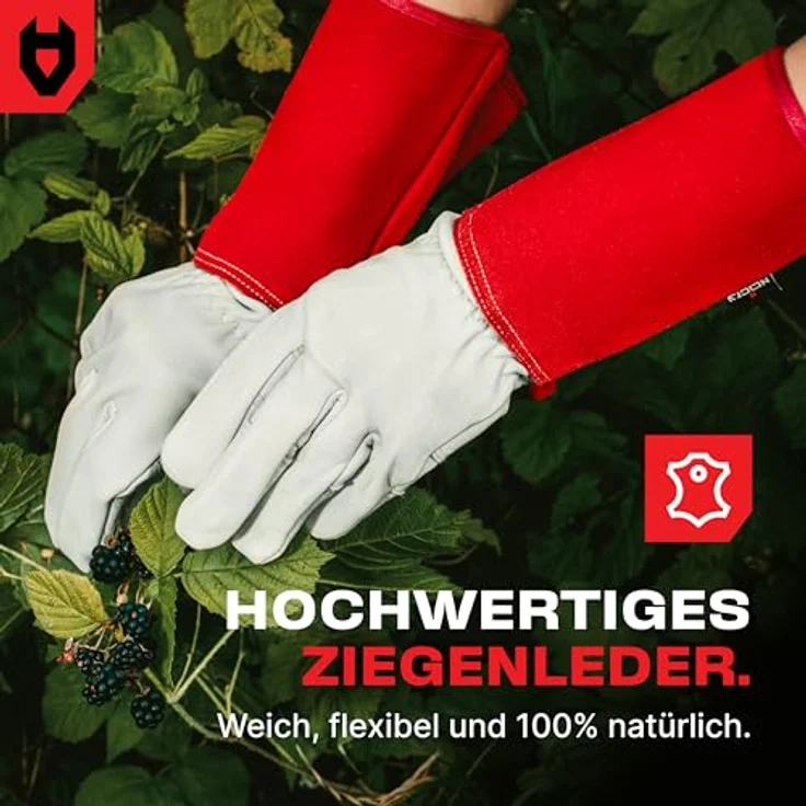 NoCry Leder Gartenhandschuhe, dornenfest mit extra langer Stulpe und verstärkten Handflächen, Rot, Größe L – Bild 3