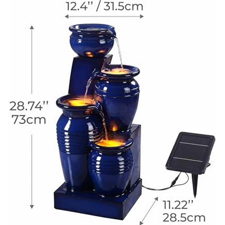 Teamson Home Gartenbrunnen Solarbrunnen 4-stufig aus Polyresin, blau mit LED-Beleuchtung, Höhe 73 cm – Bild 3