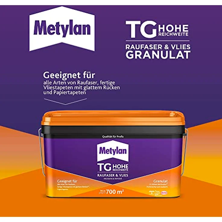 Metylan TG Hohe Reichweite Raufaser und Vlies Granulat, Tapetenkleister für Raufaser-, Papier und Vliestapeten, transparent, 1x5kg, sofort gebrauchsfertig, hohe Reichweite für bis zu 700 m² – Bild 3