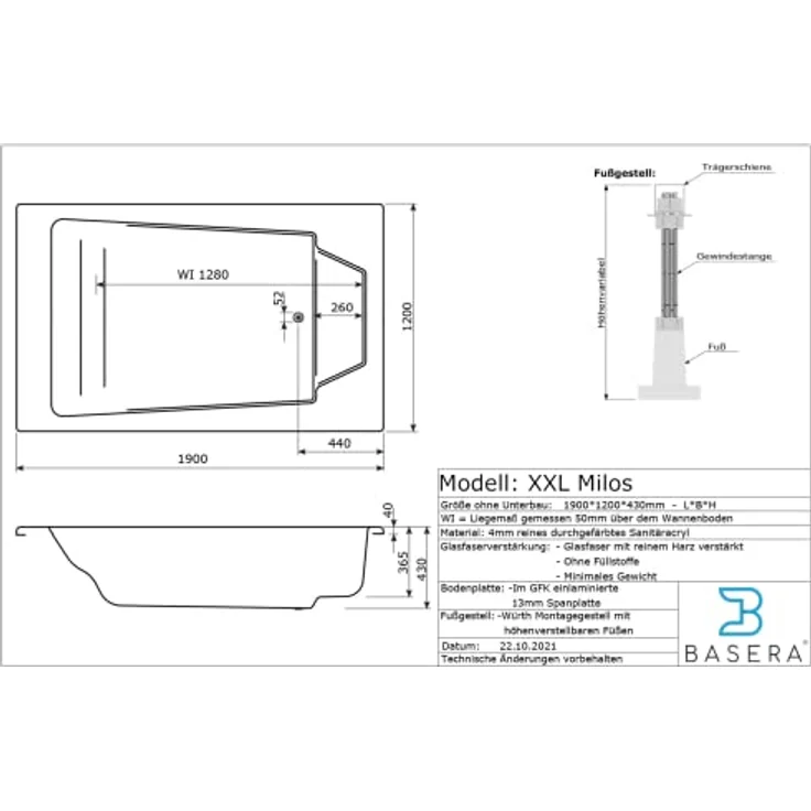 Basera® Whirlpool-Badewanne XXL Milos 190 x 120 cm für 2 Personen, Komplett-Set, 16 Massagedüsen, Wasserfall, LED, Hochglanz Weiß - Preisvergleich – Bild 6