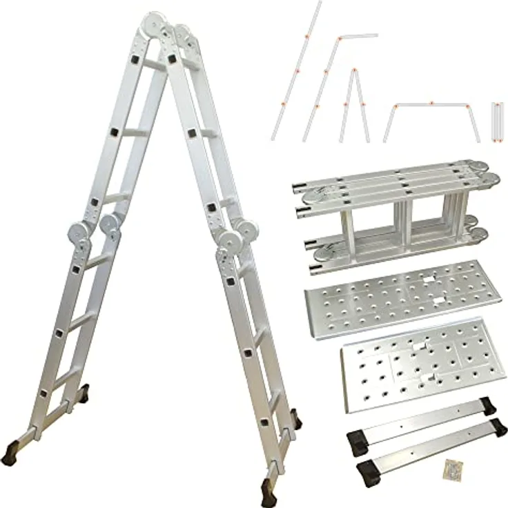 Alu Multifunktionsleiter | 12 Sprossen Leiter klappbar 4-teilig | 356 cm Länge | Gelenkleiter Leitergerüst Klappleiter Stehleiter Aluleiter Anlegeleiter Bockleiter | bis 150 kg